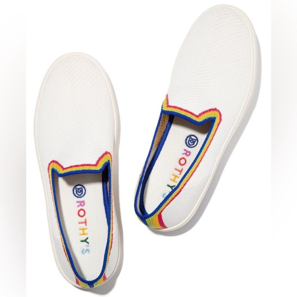 Rothy’s The Sneaker White Rainbow Slip-Ons Limited Edition Size 8.5